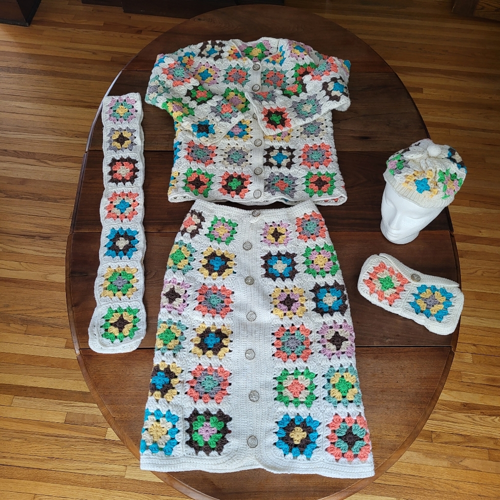Granny Square Vintage Jacket Skirt Hat Purse Scarf